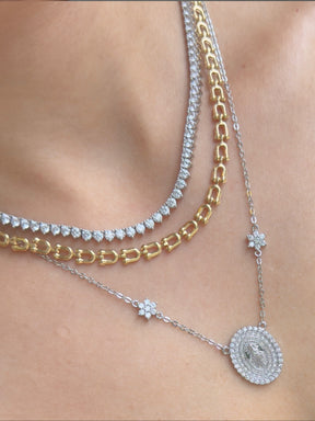 Colar Medalha Nossa Senhora com Zircônias – Banho Ródio