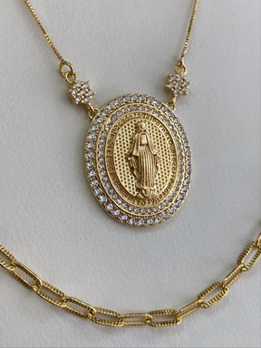 Colar Medalha Nossa Senhora com Zircônias -
Banho Dourado
