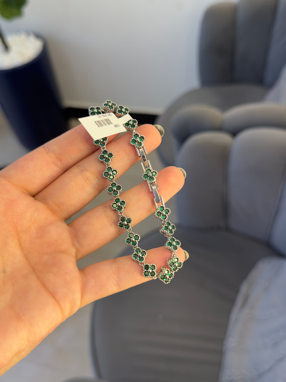 Pulseira Trevo em Ródio com Pedras Verdes